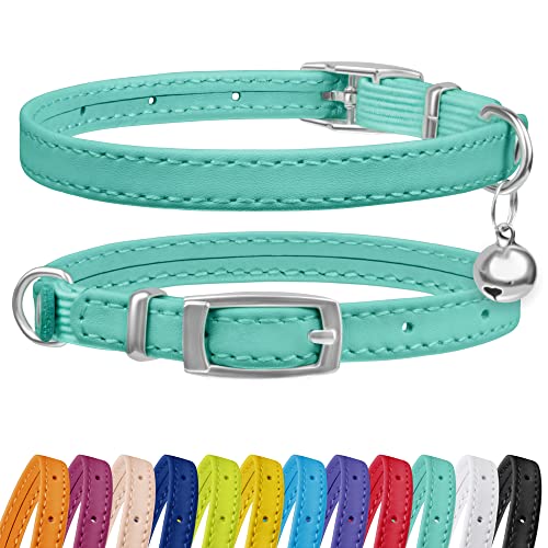 CollarDirect Leather Cat Collar with Bell - Kitten Collar, Small and Big Cat Collar for Boy Cats, Girl Cats with Safety Elastic Strap (Neck Fit 9"-11", Mint Green)