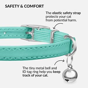 CollarDirect Leather Cat Collar with Bell - Kitten Collar, Small and Big Cat Collar for Boy Cats, Girl Cats with Safety Elastic Strap (Neck Fit 9"-11", Mint Green)