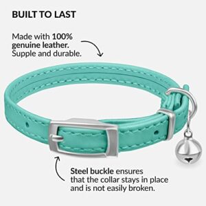 CollarDirect Leather Cat Collar with Bell - Kitten Collar, Small and Big Cat Collar for Boy Cats, Girl Cats with Safety Elastic Strap (Neck Fit 9"-11", Mint Green)