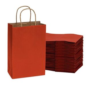small red gift bags - 6x3x9 inch 100 pack kraft paper shopping bags with handles, craft totes in bulk for boutiques, small business, retail stores, birthday parties, christmas, valentines, holidays