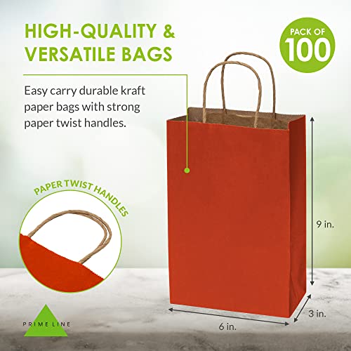 Small Red Gift Bags - 6x3x9 Inch 100 Pack Kraft Paper Shopping Bags with Handles, Craft Totes in Bulk for Boutiques, Small Business, Retail Stores, Birthday Parties, Christmas, Valentines, Holidays