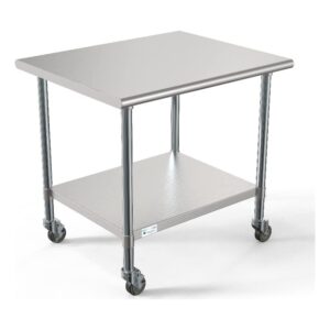 koolmore commercial 30” x 36” stainless steel work table with wheels for restaurant or home use, under storage shelf for food, tools, and hardware, heavy duty metal workspace (ct3036-18c), silver