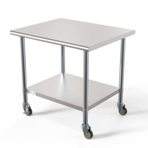 KoolMore Commercial 30” x 36” Stainless Steel Work Table with Wheels for Restaurant or Home Use, Under Storage Shelf for Food, Tools, and Hardware, Heavy Duty Metal Workspace (CT3036-18C), Silver