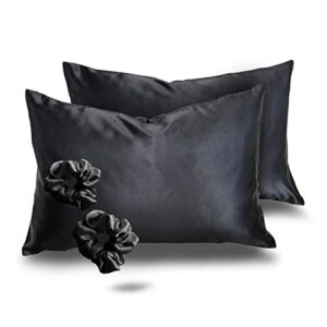 alexandra's secret satin bed pillowcase with scrunchies for hair and skin pack of 2 gift set luxury soft and cooling sleep silky pillow cases with envelop closure (standard & queen, black)