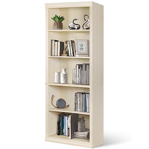 LTMEUTY Wooden Bookcase - Freestanding 5 Shelves Bookshelf, Tall Storage Book Shelf for Living Room, Office, Library, White Wood Grain