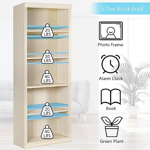 LTMEUTY Wooden Bookcase - Freestanding 5 Shelves Bookshelf, Tall Storage Book Shelf for Living Room, Office, Library, White Wood Grain