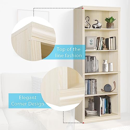 LTMEUTY Wooden Bookcase - Freestanding 5 Shelves Bookshelf, Tall Storage Book Shelf for Living Room, Office, Library, White Wood Grain