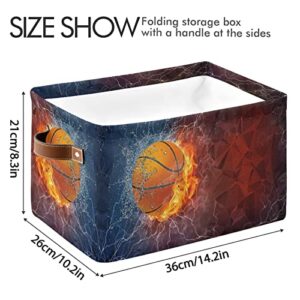 Basketball Fire Water Rectangular Storage Basket Storage Bin Collapsible Storage Box with Leather Handles Storage Hamper Organizer for Home, Bedroom