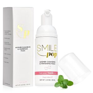 smile pop mint aligner cleaner & whitener foam for invisalign cleaner, dentures and essix trays. retainer cleaner contains hydrogen peroxide, fights against bad breath, brightens teeth and kills germs