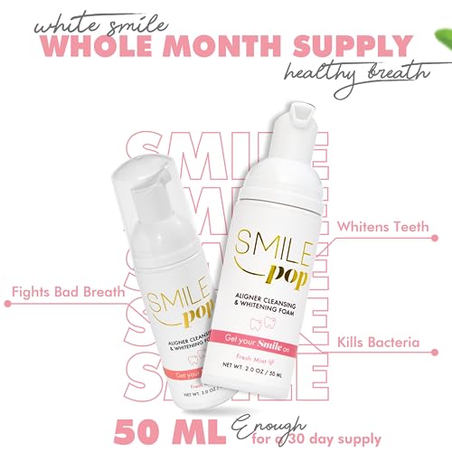 Smile Pop Mint Aligner Cleaner & Whitener Foam for Invisalign Cleaner, Dentures and Essix Trays. Retainer Cleaner Contains Hydrogen Peroxide, Fights against Bad Breath, Brightens teeth and Kills Germs