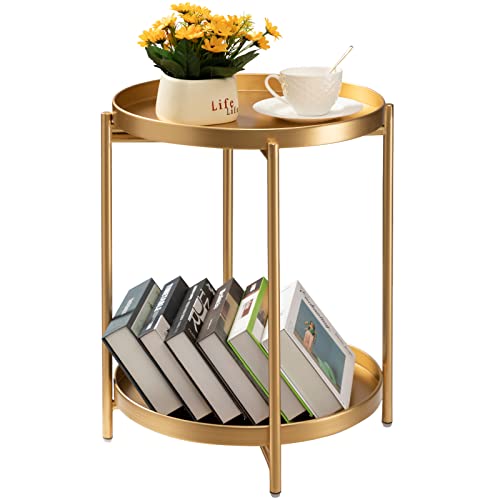 TeoKJ 2 Tier Gold Side Table, Folding Round Metal End Table Small Nightstand Accent Table with Two Removable Tray for Bedroom Living Room Small Spaces Bedside Gold