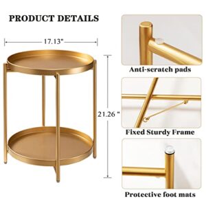 TeoKJ 2 Tier Gold Side Table, Folding Round Metal End Table Small Nightstand Accent Table with Two Removable Tray for Bedroom Living Room Small Spaces Bedside Gold