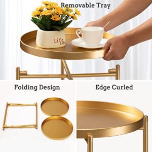 TeoKJ 2 Tier Gold Side Table, Folding Round Metal End Table Small Nightstand Accent Table with Two Removable Tray for Bedroom Living Room Small Spaces Bedside Gold