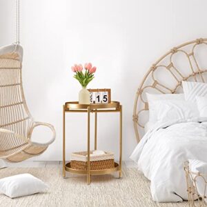 TeoKJ 2 Tier Gold Side Table, Folding Round Metal End Table Small Nightstand Accent Table with Two Removable Tray for Bedroom Living Room Small Spaces Bedside Gold