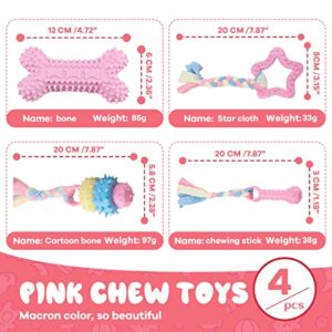 BAEJMJK 5 Pack Puppy Teething Toys Cute Pink Dog Chew Toys for Small Dogs Soft Rubber Puppy Toys Set Plush Squeaky Dog Toys for Cleaning Teeth Interactive Pet Doggy Bone Toys