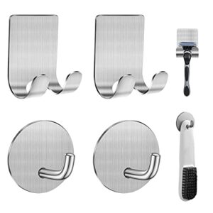 diesisa razor holder for shower + adhesive wall hooks, premium 304 stainless steel shower razor holder with heavy duty waterproof sticky hooks for hanging towels, coat, hat (2+2 pack)