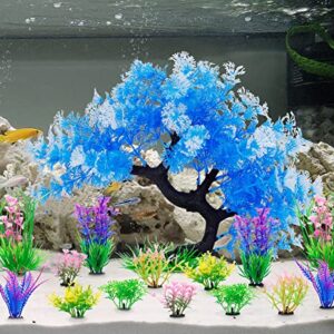 MyLifeUNIT Fish Tank Decorations, 15 Pack Artificial Aquarium Plants Tree Set for Fish Tank Decor (Bule Set)