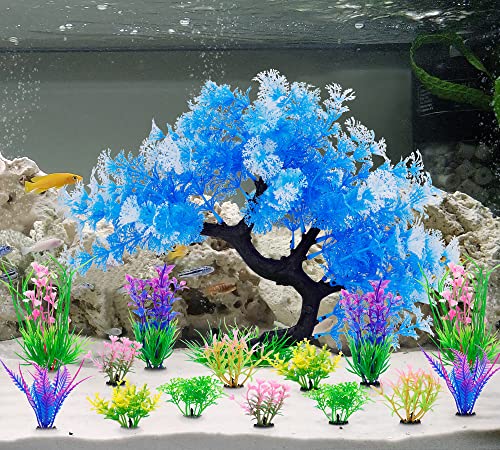 MyLifeUNIT Fish Tank Decorations, 15 Pack Artificial Aquarium Plants Tree Set for Fish Tank Decor (Bule Set)