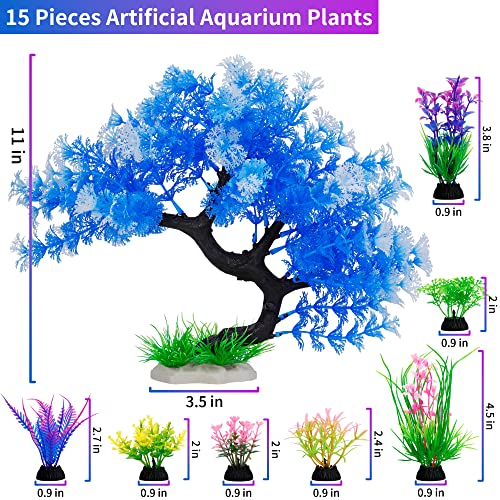 MyLifeUNIT Fish Tank Decorations, 15 Pack Artificial Aquarium Plants Tree Set for Fish Tank Decor (Bule Set)