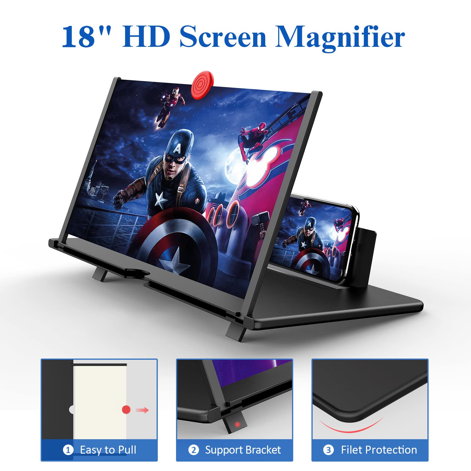 18" Screen Magnifier for Cell Phone – 3D HD Magnifing Screen Enlarger Projector for Movies Videos and Gaming – Foldable Phone Stand Holder with Screen Amplifier–Compatible with All Smartphones