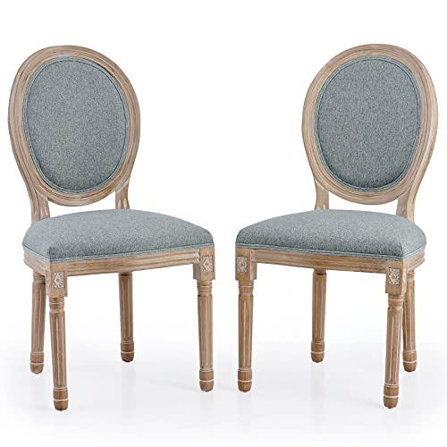 VONLUCE Accent Chairs Set of 2, French Upholstered Dining Chairs for Bedroom Living Room Kitchen, Vintage Vanity Chairs with Oval Birch Backrests Rubberwood Legs, Louis XVI Farmhouse Home Decor, Gray