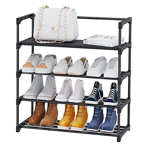 Calmootey 4-Tie Shoe Rack,Shoe Shelf Storage Organizer,Entryway,Bedroom,Black