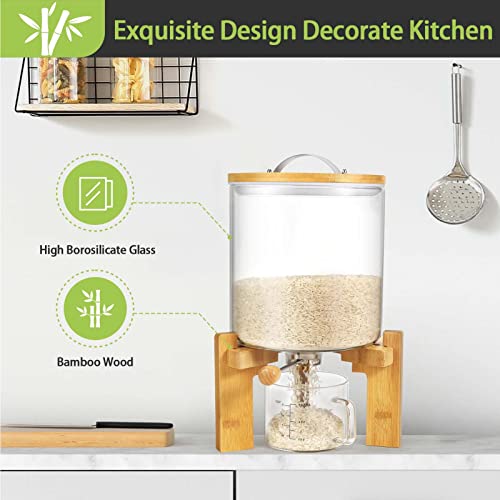 Csyidio Flour and Cereal Container, Rice Dispenser 5L, Wooden Stand and Measuring Cup, Airtight Lid Cereal Dry Food Storge Container for Kitchen Pantry Organization