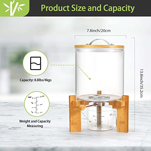 Csyidio Flour and Cereal Container, Rice Dispenser 5L, Wooden Stand and Measuring Cup, Airtight Lid Cereal Dry Food Storge Container for Kitchen Pantry Organization