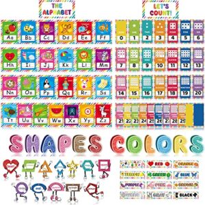 96 pieces toddler educational preschool posters alphabet bulletin board for classroom wall decor number letters colors and shapes cutouts kids early learning poster cards for classroom wall decor