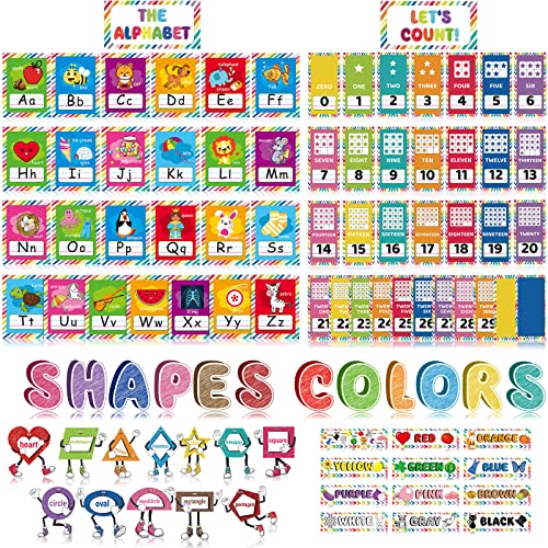 96 Pieces Toddler Educational Preschool Posters Alphabet Bulletin Board for Classroom Wall Decor Number Letters Colors and Shapes Cutouts Kids Early Learning Poster Cards for Classroom Wall Decor