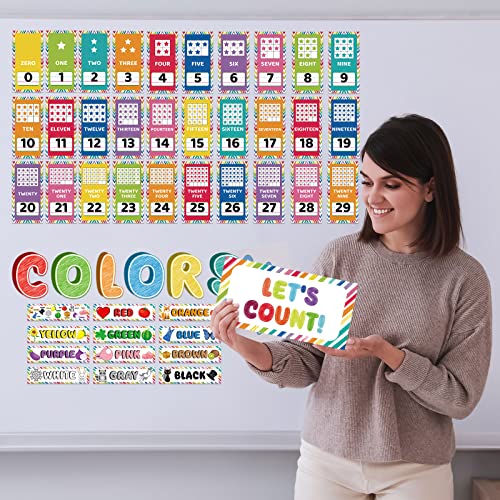 96 Pieces Toddler Educational Preschool Posters Alphabet Bulletin Board for Classroom Wall Decor Number Letters Colors and Shapes Cutouts Kids Early Learning Poster Cards for Classroom Wall Decor