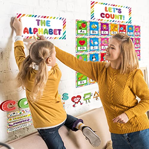 96 Pieces Toddler Educational Preschool Posters Alphabet Bulletin Board for Classroom Wall Decor Number Letters Colors and Shapes Cutouts Kids Early Learning Poster Cards for Classroom Wall Decor