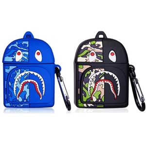 for airpods 1 & 2 fashion shark backpack cover, durable shockproof headphone cover with keychain cute and funny cover, cartoon fashion cover, 2 pack