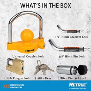 RETRUE Keyed Alike Trailer Lock Set Tow & Store Lock Kit, Come with Universal Coupler Lock (Yellow) & Dual Bent Pin Lock (Silver) & Brass Coupler Lock (Gold)