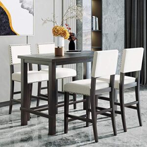 5 pieces counter height dining set, elegant wooden desk and 4 upholstered chairs, perfect for kitchen, breakfast nook, bar, living room