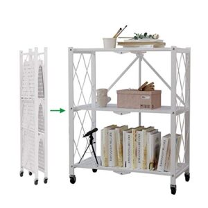 sogehome 3-tier foldable storage shelf, movable metal rack cart, home display shelf with rolling wheels for kitchen, living-room, bathroom, bedroom, white
