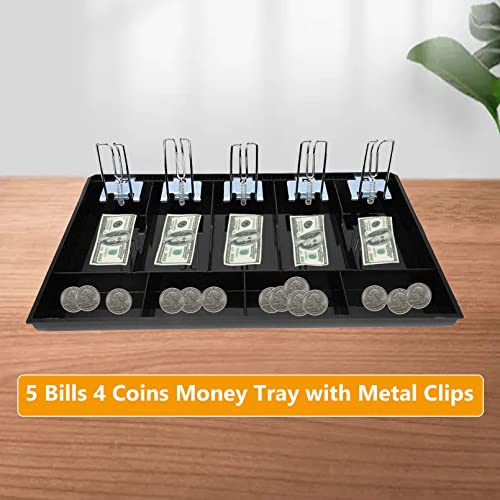 Money Tray Cash Register Drawer Insert Tray Portable Currency Till Replacement Money Organizer Storage Box with 5 Bills 4 Coins Compartments (5 Bills 4 Coins Metal Clip)