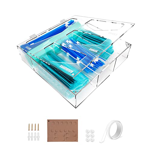 SOUTHGATE Plastic Ziploc Bag Storage Organizer Grocery Bag Holder Acrylic Ziplock Dispenser Baggie Organizer Box for Kitchen Drawer, Suitable for Gallon, Quart, Sandwich & Snack with DIY Sticky Note