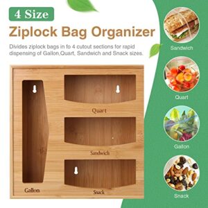 YIHATA Ziplock Bag Organizer, Bamboo Storage Bag Organizer, Pullable Baggie Organizer for Drawer Kitchen, Space-Save Bag Holder Container for Gallon, Quart, Sandwich & Snack Bags, 1 Box 4 Slots