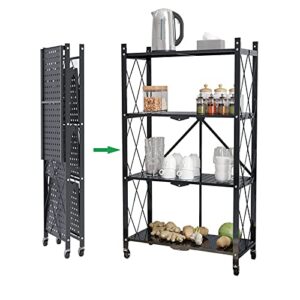 sogeshome metal foldable shelf, 4-tier movable storage display shelf cart, free-standing rack with rolling wheel for kitchen, living-room, bathroom, bedroom, black