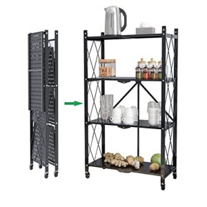 SogesHome Metal Foldable Shelf, 4-Tier Movable Storage Display Shelf Cart, Free-Standing Rack with Rolling Wheel for Kitchen, Living-Room, Bathroom, Bedroom, Black