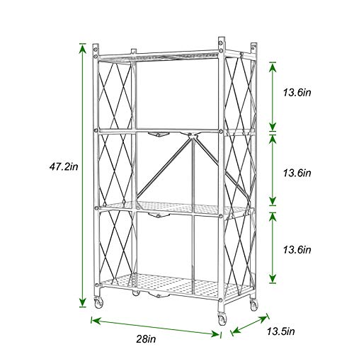 SogesHome Metal Foldable Shelf, 4-Tier Movable Storage Display Shelf Cart, Free-Standing Rack with Rolling Wheel for Kitchen, Living-Room, Bathroom, Bedroom, Black