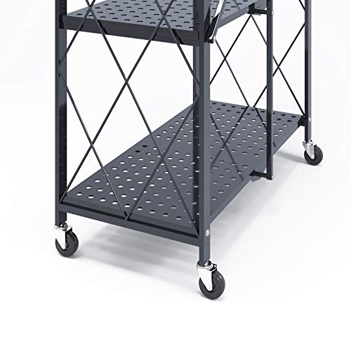 SogesHome Metal Foldable Shelf, 4-Tier Movable Storage Display Shelf Cart, Free-Standing Rack with Rolling Wheel for Kitchen, Living-Room, Bathroom, Bedroom, Black
