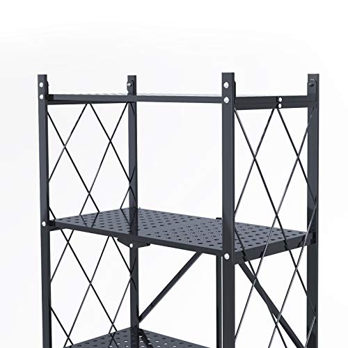 SogesHome Metal Foldable Shelf, 4-Tier Movable Storage Display Shelf Cart, Free-Standing Rack with Rolling Wheel for Kitchen, Living-Room, Bathroom, Bedroom, Black