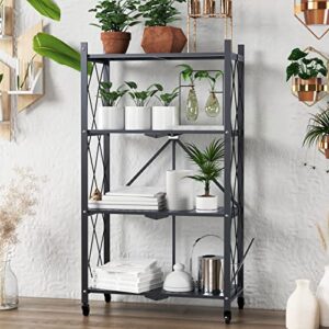 SogesHome Metal Foldable Shelf, 4-Tier Movable Storage Display Shelf Cart, Free-Standing Rack with Rolling Wheel for Kitchen, Living-Room, Bathroom, Bedroom, Black