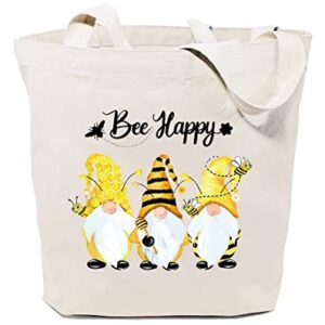 GXVUIS Bee Happy Canvas Tote Bag for Women Cute Gnomes Reusable Travel Grocery Shoulder Shopping Bags Girls Funny Gifts White