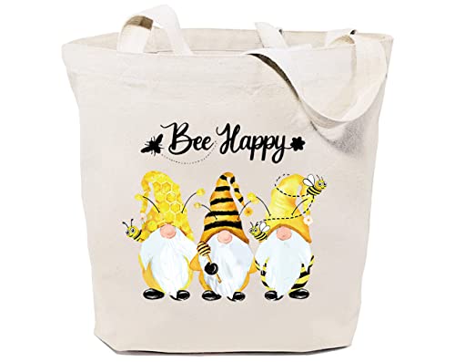 GXVUIS Bee Happy Canvas Tote Bag for Women Cute Gnomes Reusable Travel Grocery Shoulder Shopping Bags Girls Funny Gifts White