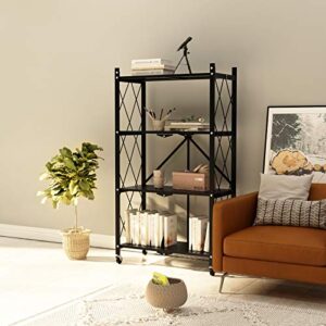 SogesHome Metal Foldable Shelf, 4-Tier Movable Storage Display Shelf Cart, Free-Standing Rack with Rolling Wheel for Kitchen, Living-Room, Bathroom, Bedroom, Black