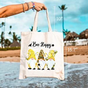 GXVUIS Bee Happy Canvas Tote Bag for Women Cute Gnomes Reusable Travel Grocery Shoulder Shopping Bags Girls Funny Gifts White