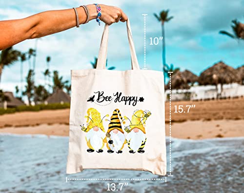 GXVUIS Bee Happy Canvas Tote Bag for Women Cute Gnomes Reusable Travel Grocery Shoulder Shopping Bags Girls Funny Gifts White